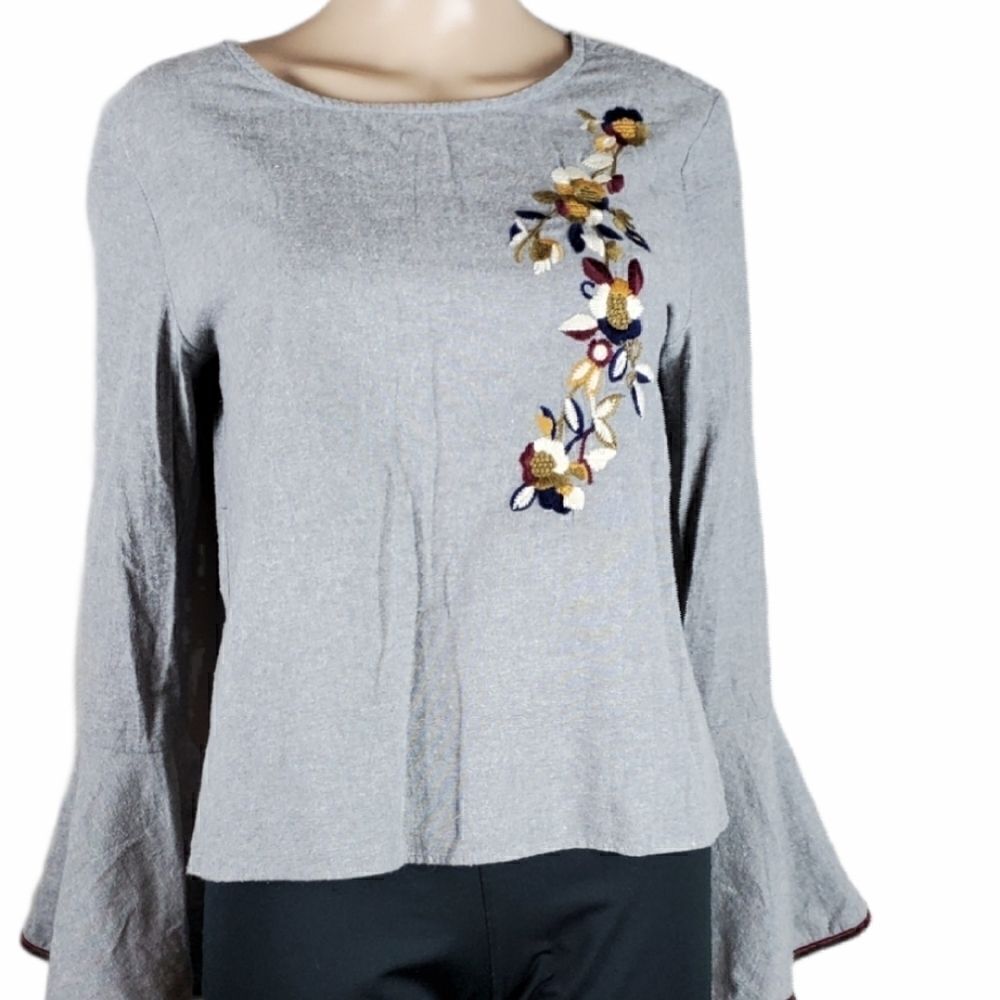 THML Anthropologie Gray Embroidery Blouse with Bell Sleeves
